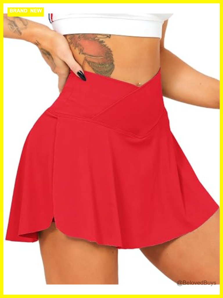 High Waisted Pleated Tennis Skirt With Pockets Skort Built-In Shorts